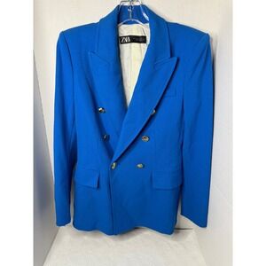 ZARA Double Breasted Blazer Electric Blue Gold Button Women's Size Small NWT